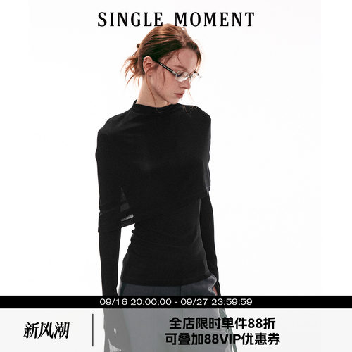 SINGLE MOMENT 26SS法式气质修身醋酸斗篷式长袖T恤上衣打底衫女