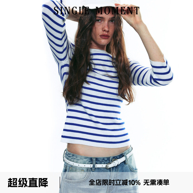 SINGLE MOMENT 25AW美利奴羊毛撞色条纹圆领八分袖针织衫T恤上衣
