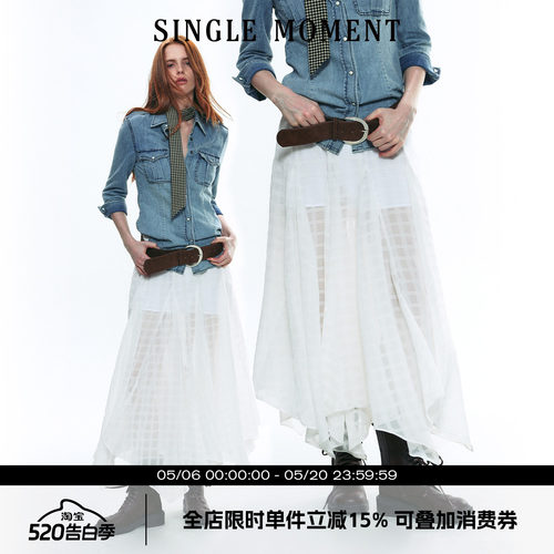 SINGLE MOMENT 25AW秋季苏格兰风纯白格纹不对称半身裙长裙女