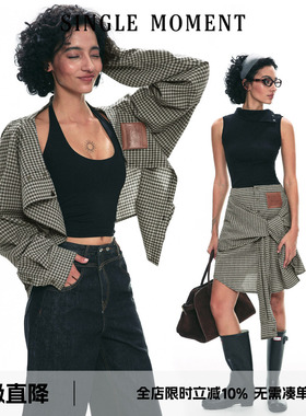 SINGLE MOMENT 25SS解构衬衫不规则设计两穿格纹半裙衬衫裙女