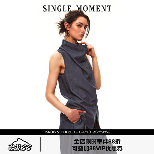 SINGLE MOMENT 26SS夏季法式荡领无袖衬衫背心剑褶抽绳休闲裤套装