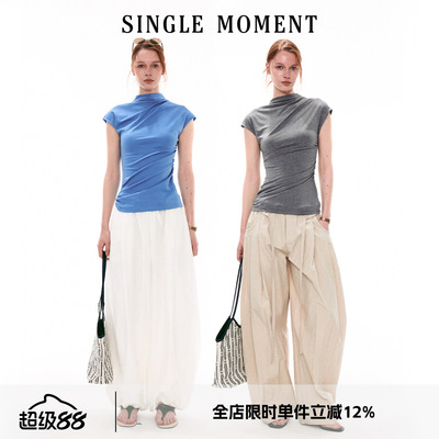SINGLE MOMENT 26SS法式夏季半高领小飞袖修身褶皱T恤无袖上衣女