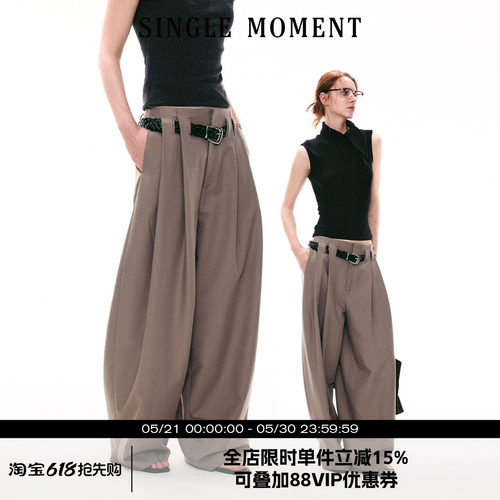 SINGLE MOMENT 26SS法式叠褶连腰宽松休闲百搭显瘦长裤阔腿裤女
