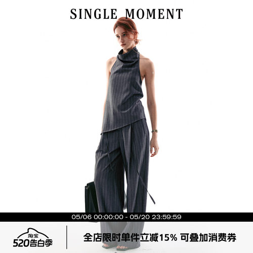 SINGLE MOMENT 26SS法式摩登气质简奢挂脖荡领无袖上衣西裤套装女