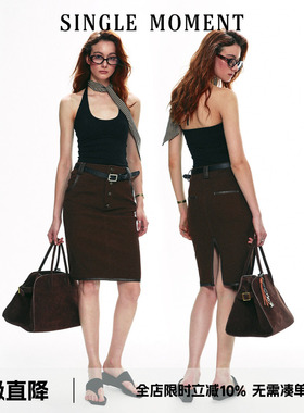SINGLE MOMENT 25SS复古撞色皮条拼接工装裙铅笔裙半身裙包臀裙女