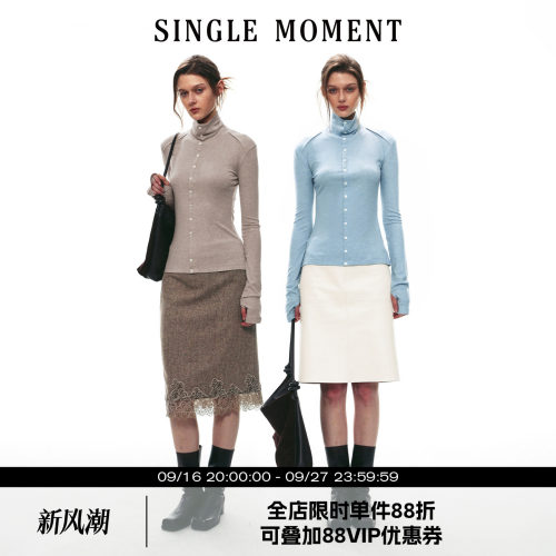SINGLE MOMENT 26AW法式经典密扣高领针织长袖T恤上衣开衫针织衫