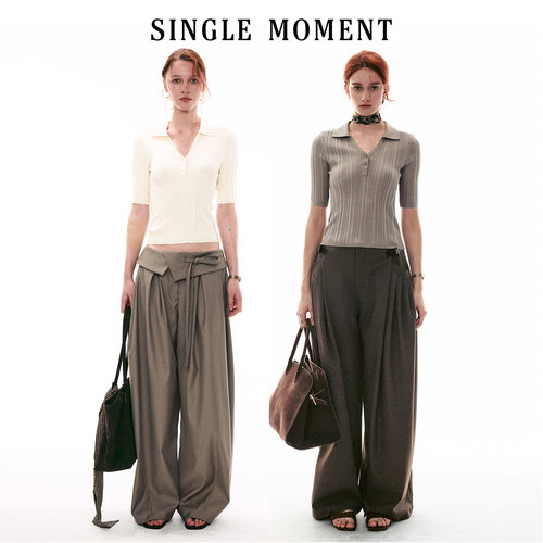 SINGLE MOMENT 26SS法式坑条五分袖套头针织衫百搭POLO杉上衣女