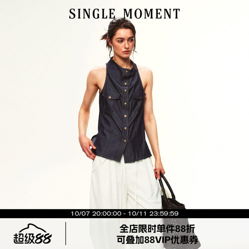 SINGLE MOMENT 26SS夏季法式休闲工装小荡领无袖牛仔修身上衣女