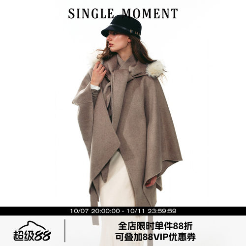 SINGLE MOMENT 25AW法式冬季保暖分体帽双面呢羊毛斗篷外套上衣女