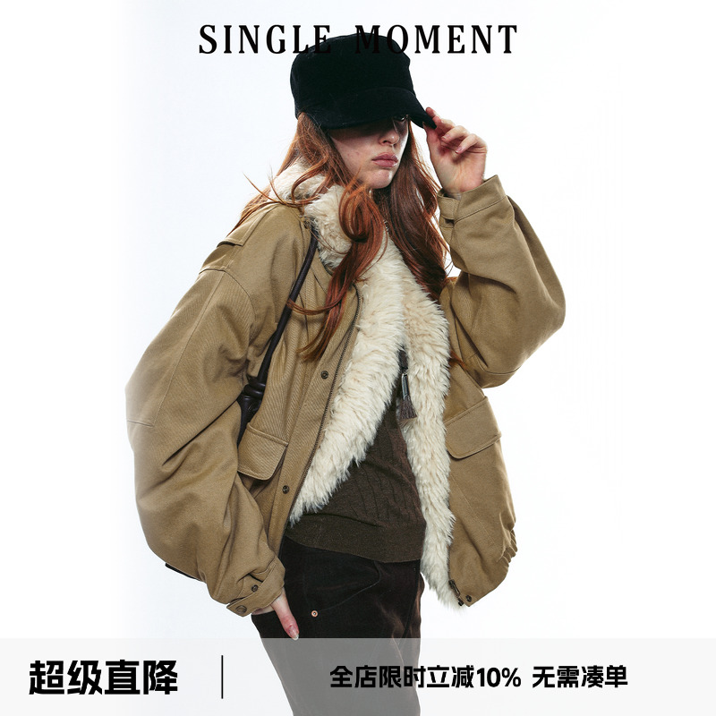 SINGLE MOMENT 25AW法式复古毛领保暖轻工装短款棉服棉衣外套女