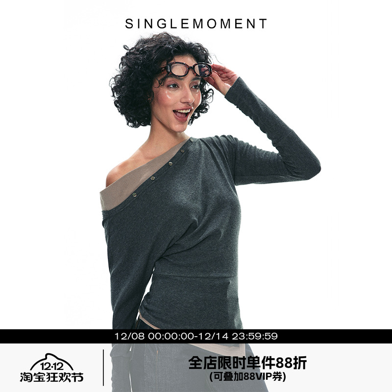 SINGLEMOMENT斜肩假两件打底衫