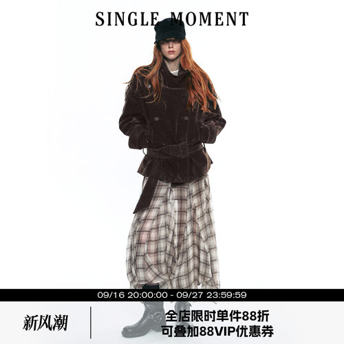 SINGLE MOMENT 25AW法式复古植绒大立领短款双排扣系腰风衣外套女