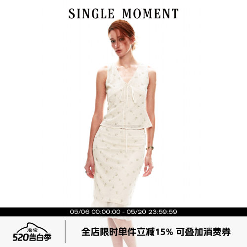 SINGLE MOMENT 26SS夏季法式V领手缝钉珠挂脖无袖背心上衣女