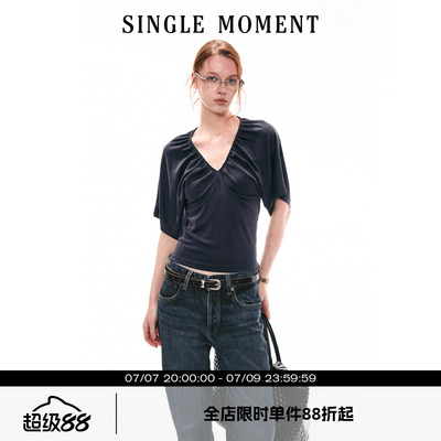 SINGLE MOMENT 26SS法式夏季休闲抽褶V领蝙蝠袖T恤上衣宽松短袖女