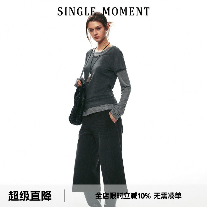 SINGLE MOMENT 26AW法式经典通勤假两件撞色长袖针织T恤圆领上衣
