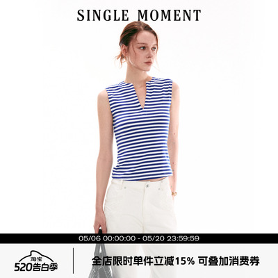 SINGLE MOMENT 26SS法式夏季休闲v领无袖背心上衣修身T恤女