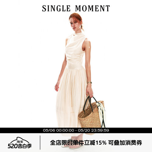 SINGLE MOMENT 26SS夏季法式休闲修身系带茧型空气感花苞连衣裙女