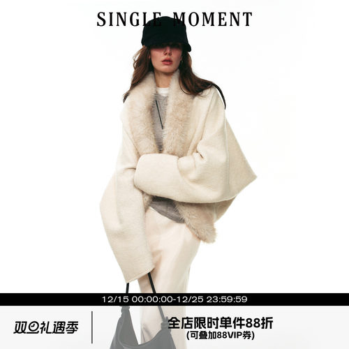 SINGLE MOMENT 25AW法式冬季轻奢优雅茧型羊毛毛领开衫外套上衣女