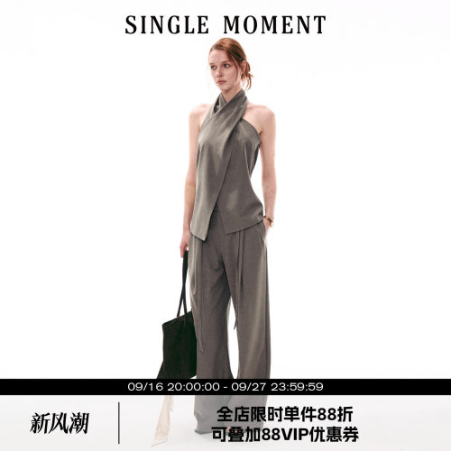 SINGLE MOMENT 26SS法式复古交叉领挂脖无袖上衣直筒休闲西裤套装