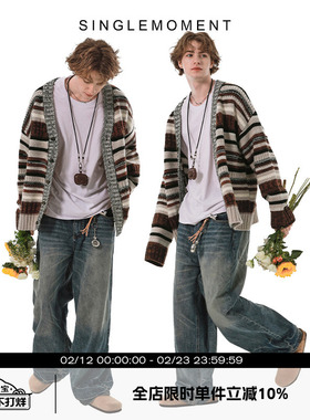 SINGLE MOMENT 羊毛复古条纹开衫毛衣宽松休闲复古设计感男女外套