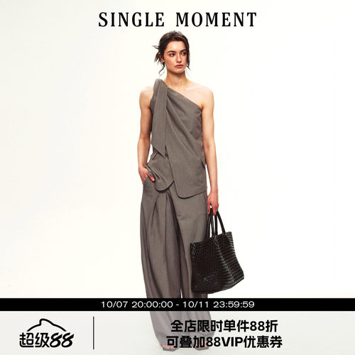 SINGLE MOMENT 26SS夏季法式斜肩打结不对称西装式抹胸上衣女