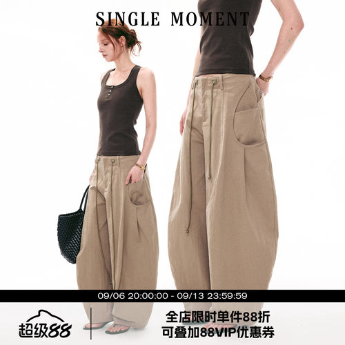 SINGLE MOMENT 26SS美式复古大口袋工装遛弯裤弯刀裤阔腿裤长裤女