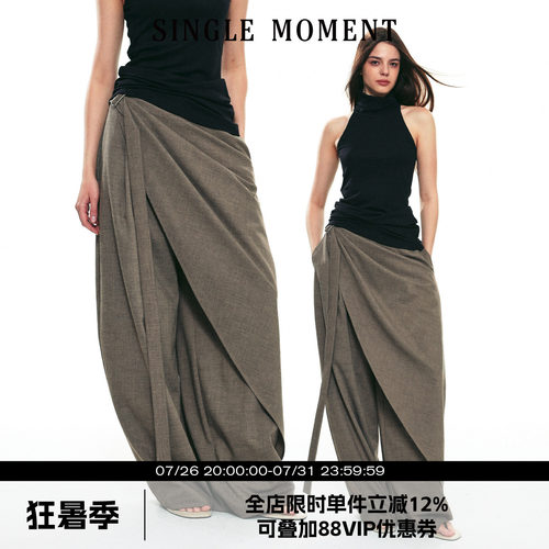 SINGLE MOMENT 25SS秋季新款羊毛混纺多层次飘带休闲阔腿西裤女