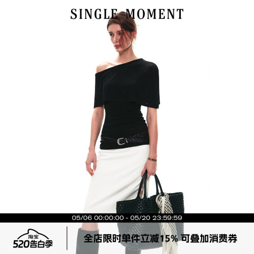 SINGLE MOMENT 26SS夏季法式斗篷式假两件斜肩针织t恤短袖上衣女