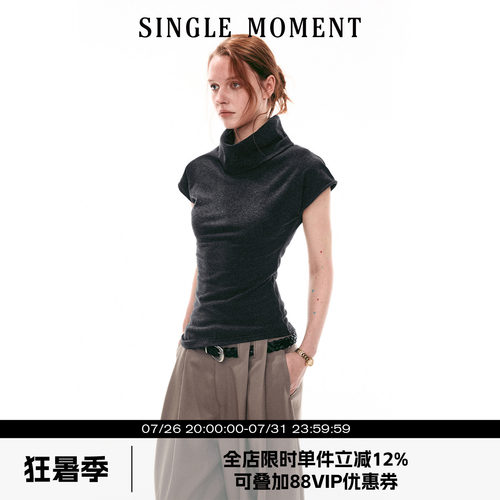 SINGLE MOMENT 26SS法式夏季休闲翻领小飞袖修身针织T恤上衣女