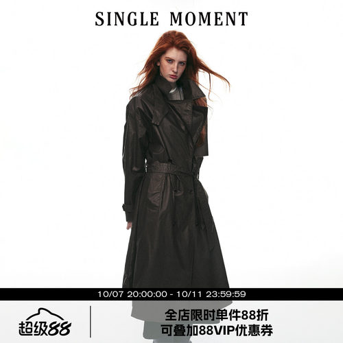 SINGLE MOMENT 26AW复古经典英伦风蜡感双排扣长款休闲风衣外套女