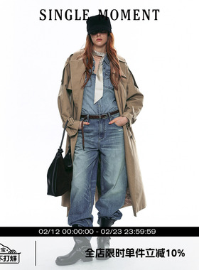 SINGLE MOMENT 25AW法式气质高级感双面缎纹大翻领长款风衣外套女