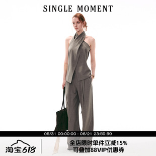 SINGLE MOMENT 26SS法式复古交叉领挂脖无袖上衣直筒休闲西裤套装