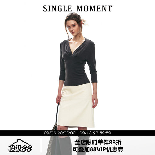 SINGLE MOMENT 26AW法式都市通勤深V收褶七分袖套头针织T恤上衣女