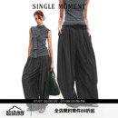 SINGLE MOMENT 26SS法式夏季抽褶花边拼色腰头休闲裤阔腿长裤女