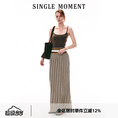 SINGLE MOMENT 26SS夏季法式通勤休闲修身金丝吊带条纹上衣连衣裙