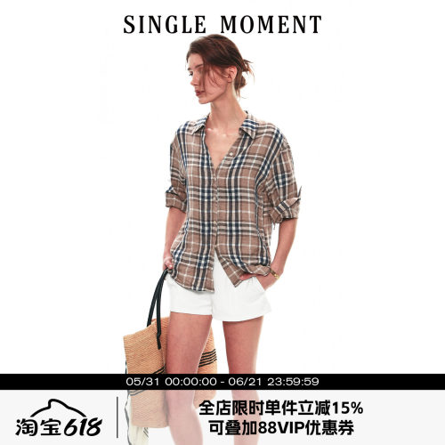 SINGLE MOMENT 26SS法式夏季复古亚麻格纹五分袖卷边衬衫上衣女