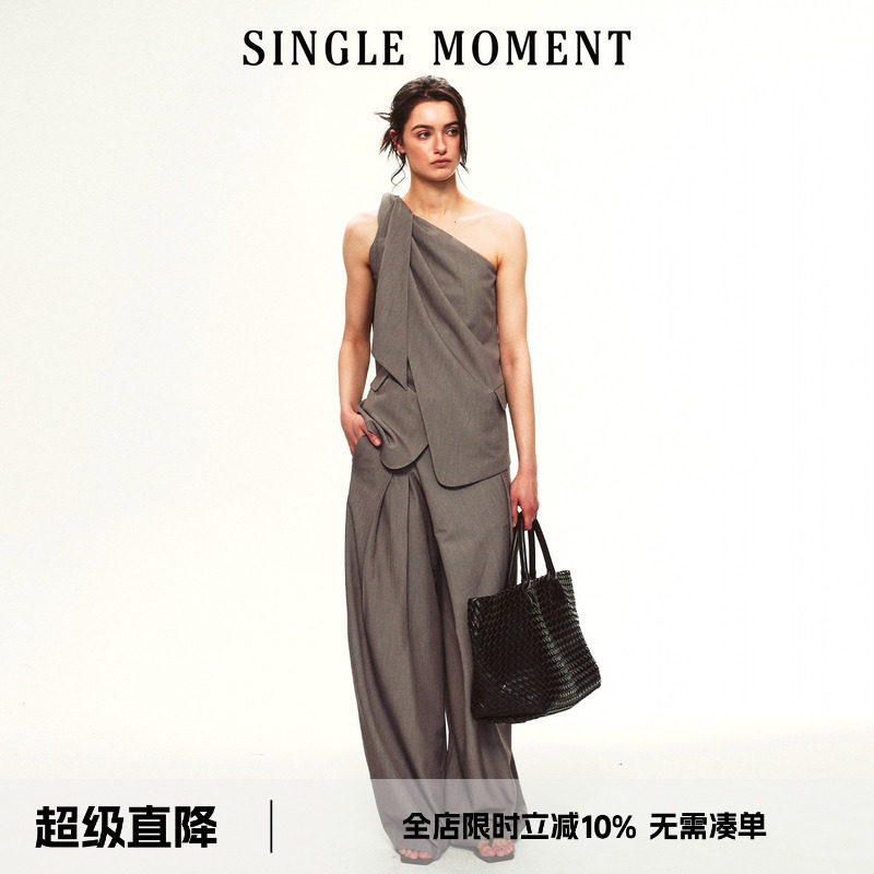 SINGLE MOMENT 26SS夏季法式斜肩打结不对称西装式抹胸上衣女