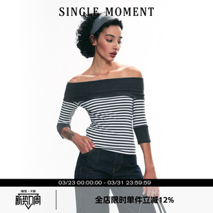 一字肩气质显瘦撞色条纹T恤短袖 SINGLE 法式 25SS夏季 上衣 MOMENT