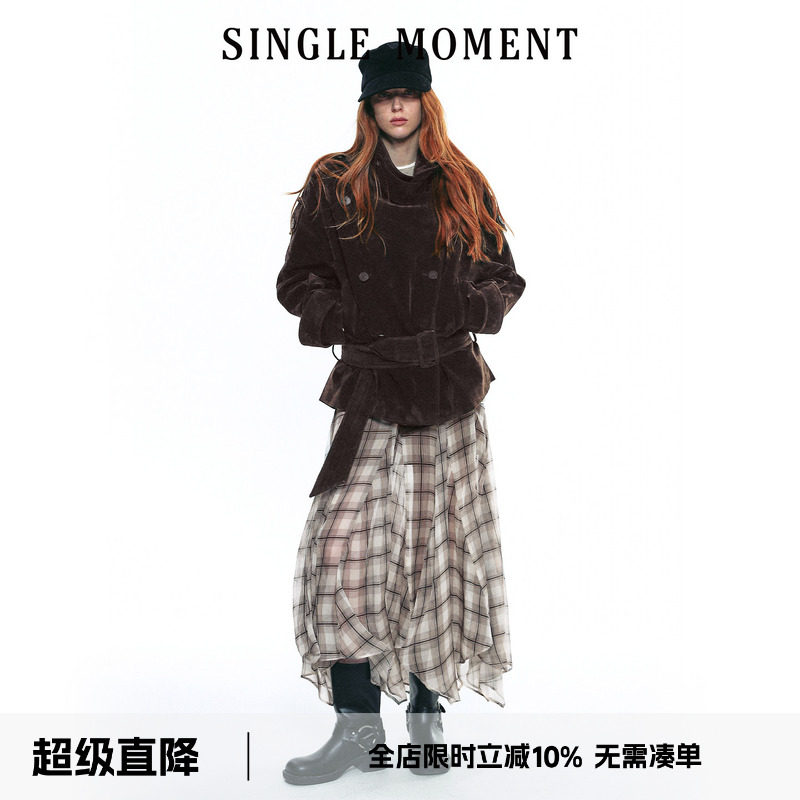 SINGLE MOMENT 25AW法式复古植绒大立领短款双排扣系腰风衣外套女