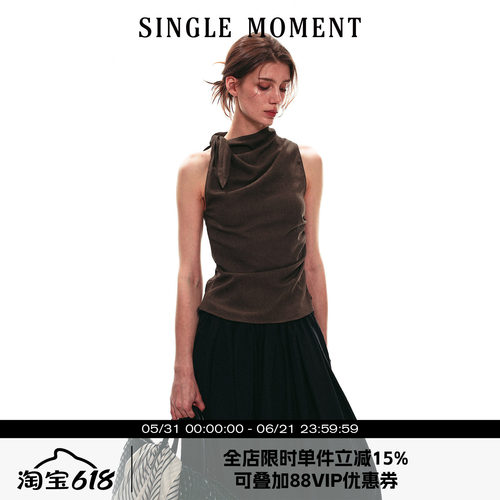 SINGLE MOMENT 26SS夏季法式系带堆领无袖背心修身气质上衣女