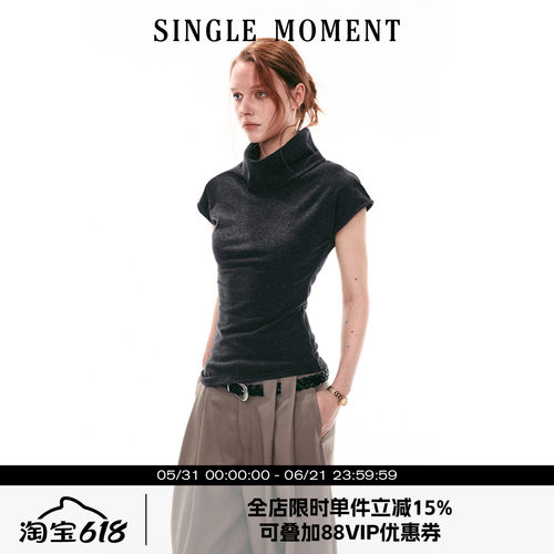 SINGLE MOMENT 26SS法式夏季休闲翻领小飞袖修身针织T恤上衣女