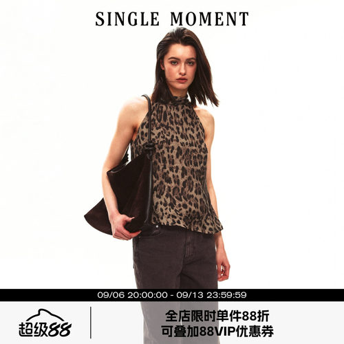 SINGLE MOMENT 26SS夏季法式豹纹印花飘带挂脖无袖上衣背心女