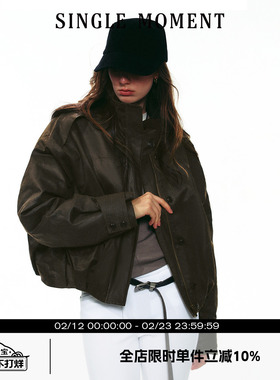 SINGLE MOMENT 25AW法式轻奢设计蜡感褶皱复古短款棉衣夹克外套女