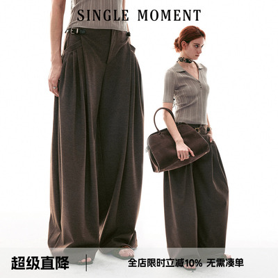 SINGLE MOMENT 26SS法式复古皮袢宽松裥褶休闲直筒宽松西裤阔腿裤
