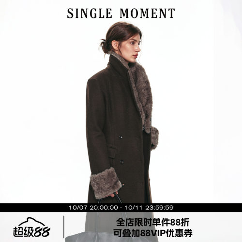 SINGLE MOMENT 26AW法式冬季可拆卸毛领长款正肩收腰毛呢大衣外套