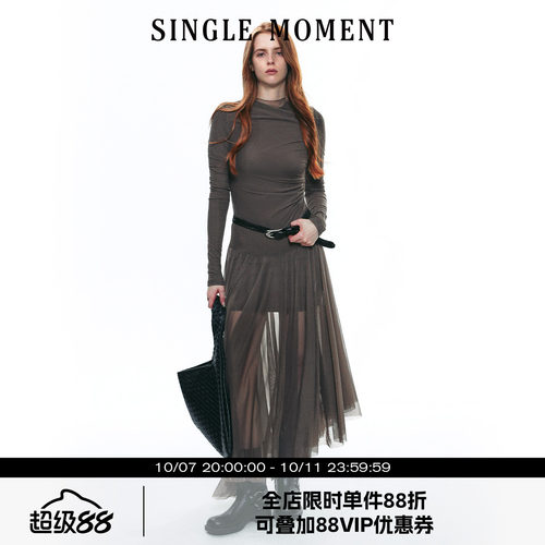 SINGLE MOMENT 25AW法式网纱修身弹力薄纱不规则下摆连衣裙长款女