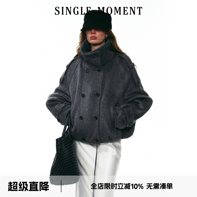 SINGLE MOMENT 25AW法式秋冬保暖羊毛短款双面呢双排扣外套风衣女