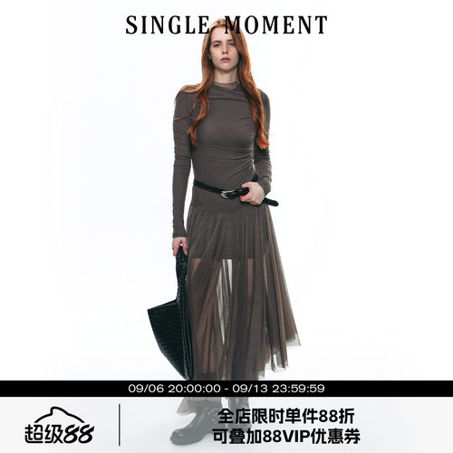 SINGLE MOMENT 25AW法式网纱修身弹力薄纱不规则下摆连衣裙长款女