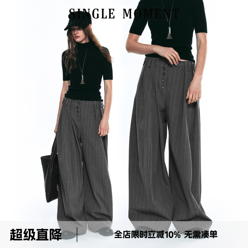 SINGLE MOMENT 25AW百搭直筒宽松阔腿条纹休闲剑道裤休闲裤女长裤