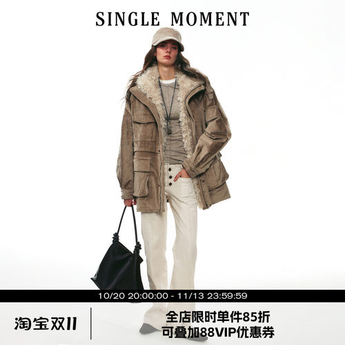 SINGLE MOMENT 25AW法式中长款灯芯绒毛领拼接工装外套派克服女